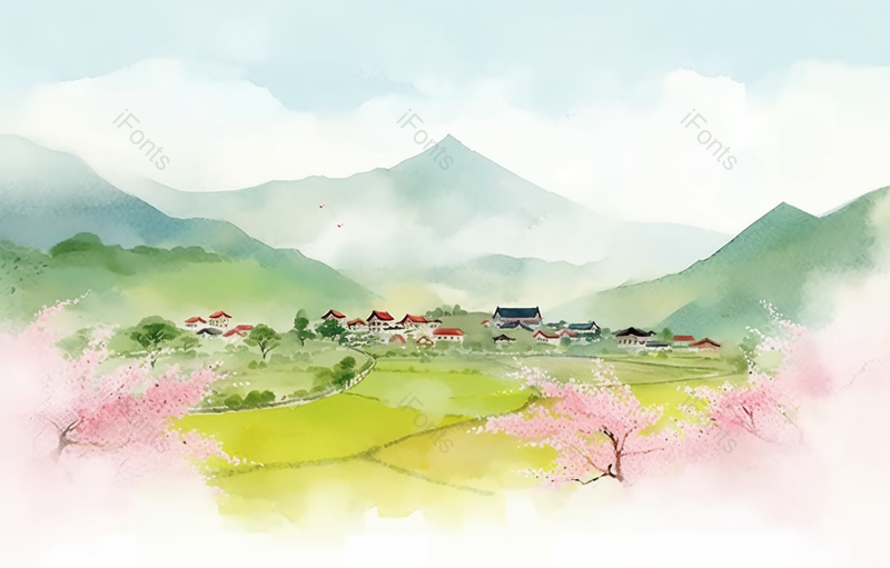 青绿色春天江南风景桃水彩插画,插画/手绘图,插画/手绘图库,插画/手绘图下载,插画/手绘